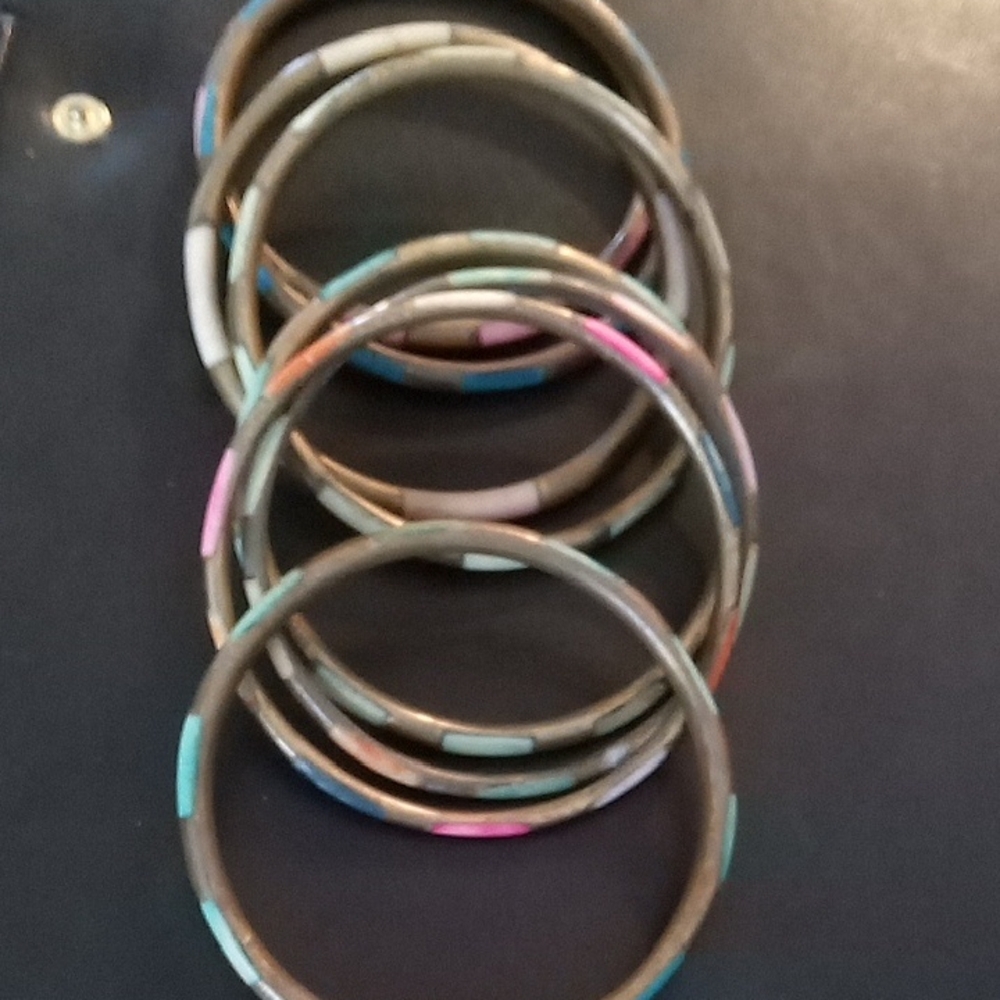 7 Multicolor Enamel And Brass Accent Bangle Bracelet Set - Women Jewelry
